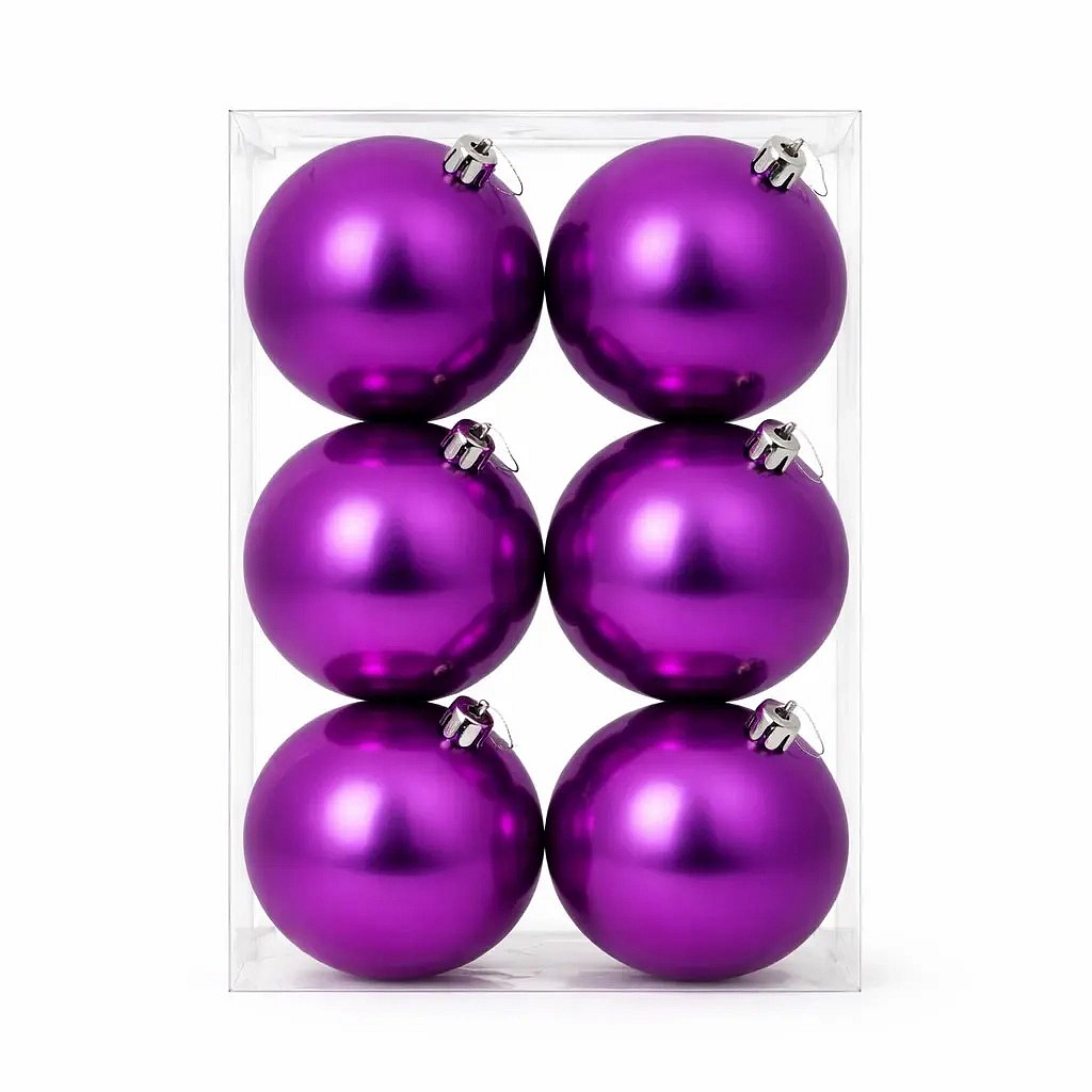 Set of Christmas ornaments purple ball 10 cm, glossy, plastic, pack of 6