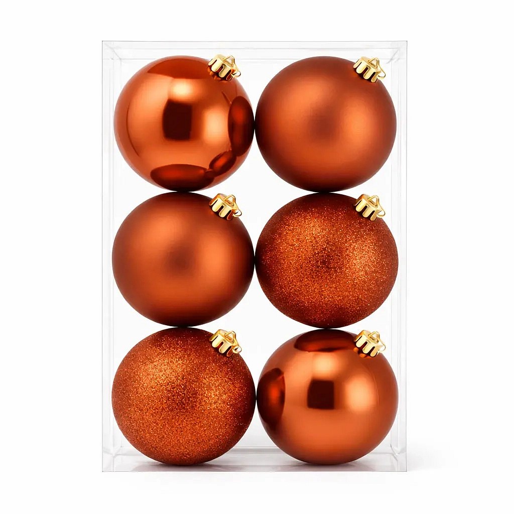 Set of Christmas ornaments copper 10 cm, 2× gloss, 2× matt, 2× glitter, pack of 6