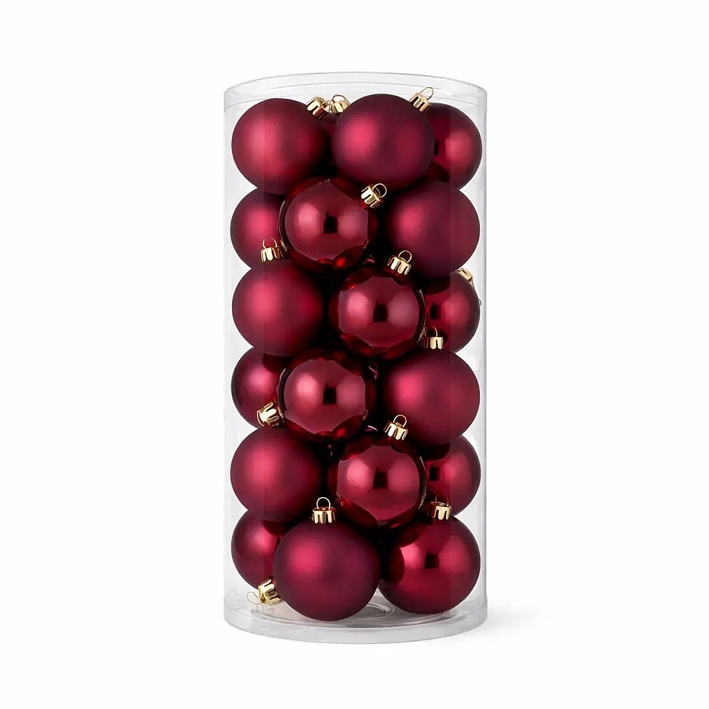 Set of Christmas decorations burgundy 6 cm plastic flask, 12× matt, 12× gloss, pack of 24 pcs