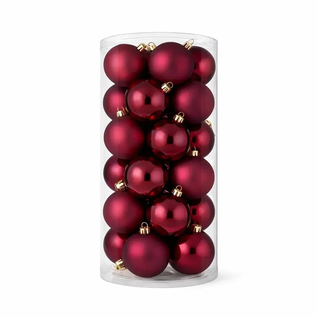 Set of Christmas decorations burgundy 6 cm plastic flask, 12× matt, 12× gloss, pack of 24 pcs
