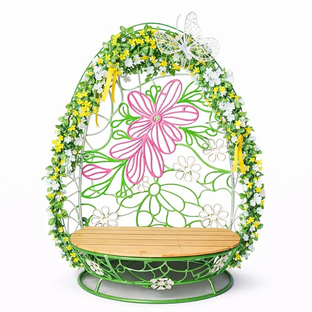 3D bench Easter egg photopoint, 110 × 180 cm, unlit flowers and butterfly