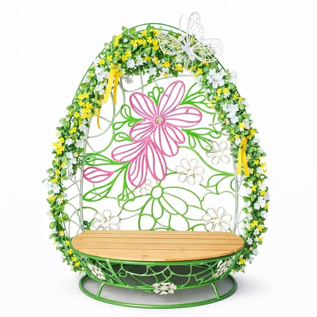 3D bench Easter egg photopoint, 110 × 180 cm, unlit flowers and butterfly