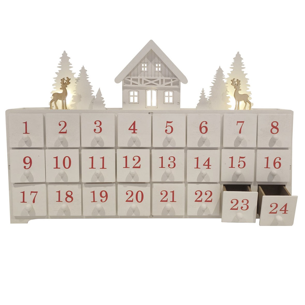 LED Advent calendar, wooden house in the forest, 43 × 29 × 8 cm, white, red, and brown, powered by 2 AA batteries