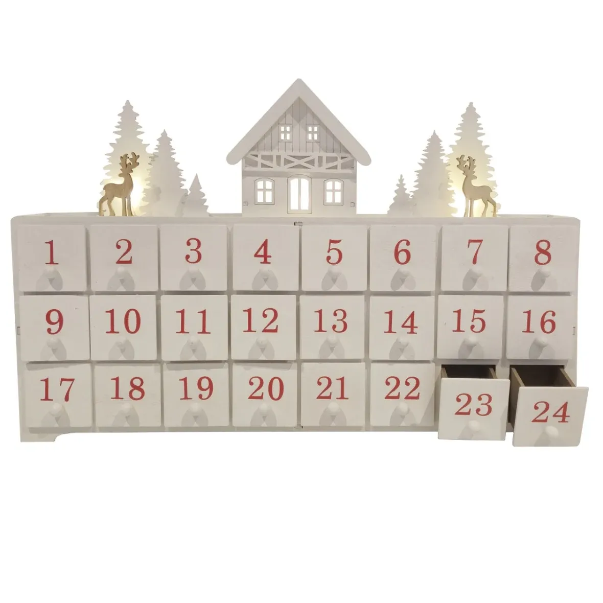 LED Advent calendar, wooden house in the forest, 43 × 29 × 8 cm, white, red, and brown, powered by 2 AA batteries