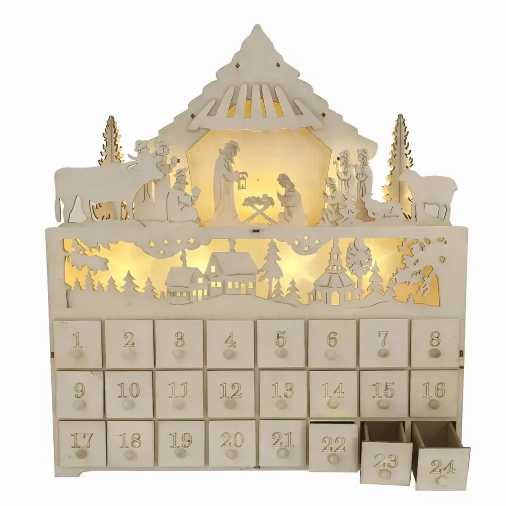 LED Advent Calendar: Nativity Scene and Village, Wooden, 43 × 47 × 8 cm, powered by 2 AA batteries