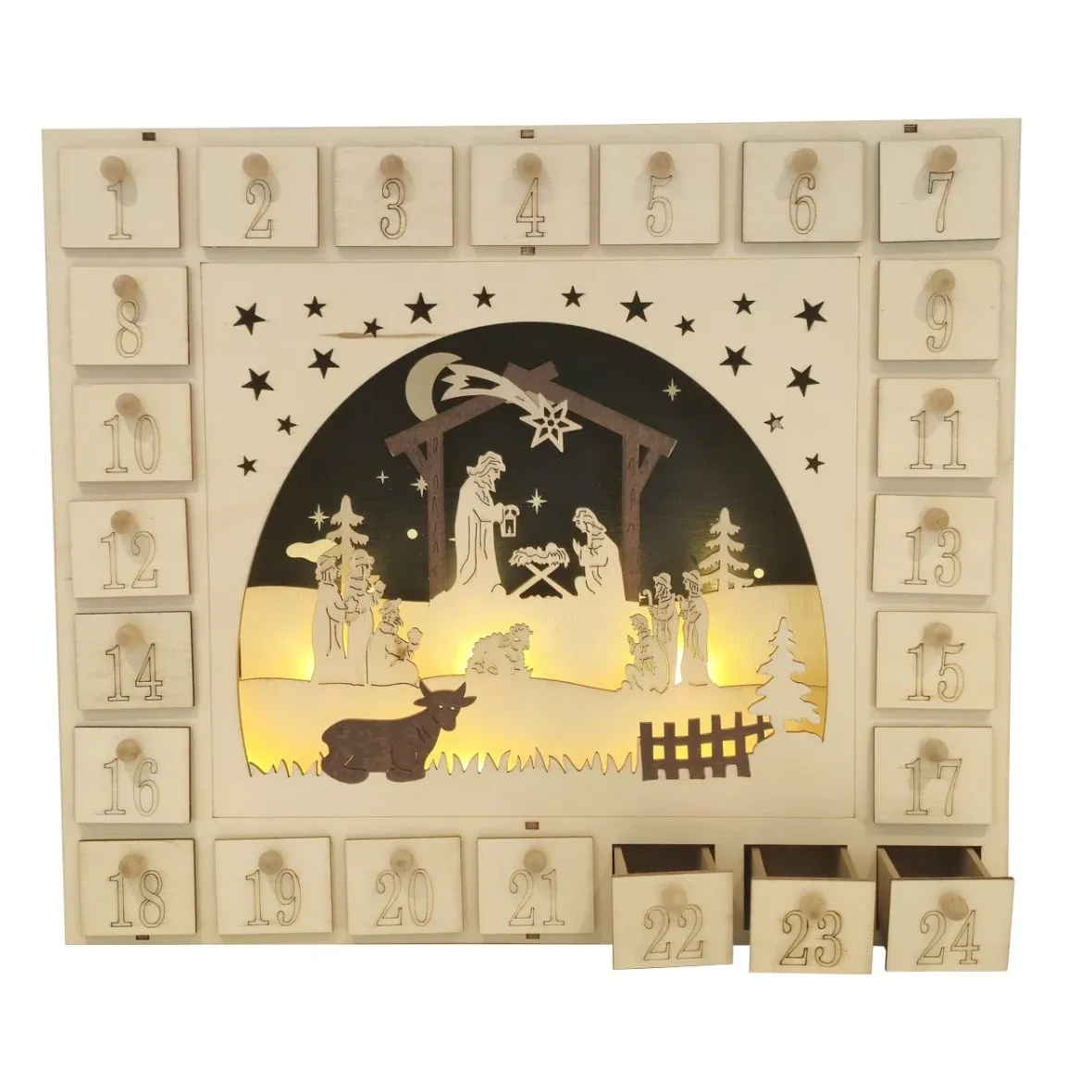 LED Advent calendar, nativity scene, and stars, wooden, 39 × 33.5 × 7 cm, powered by 2 AA batteries