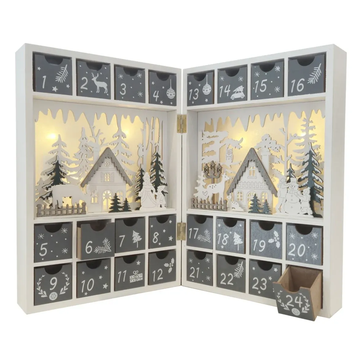 LED Advent calendar, wooden book, 23.5 × 34.5 × 11 cm, white, gray, and green, opens, runs on 2 AA batteries