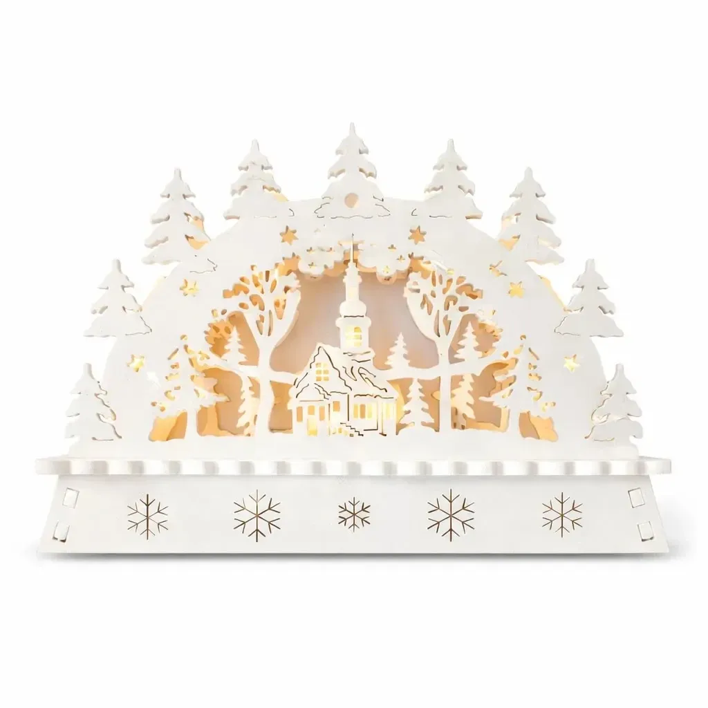 LED Christmas window candle holder, church in the forest, wooden, 15 × 11 × 5 cm, warm white, powered by 2 AA batteries
