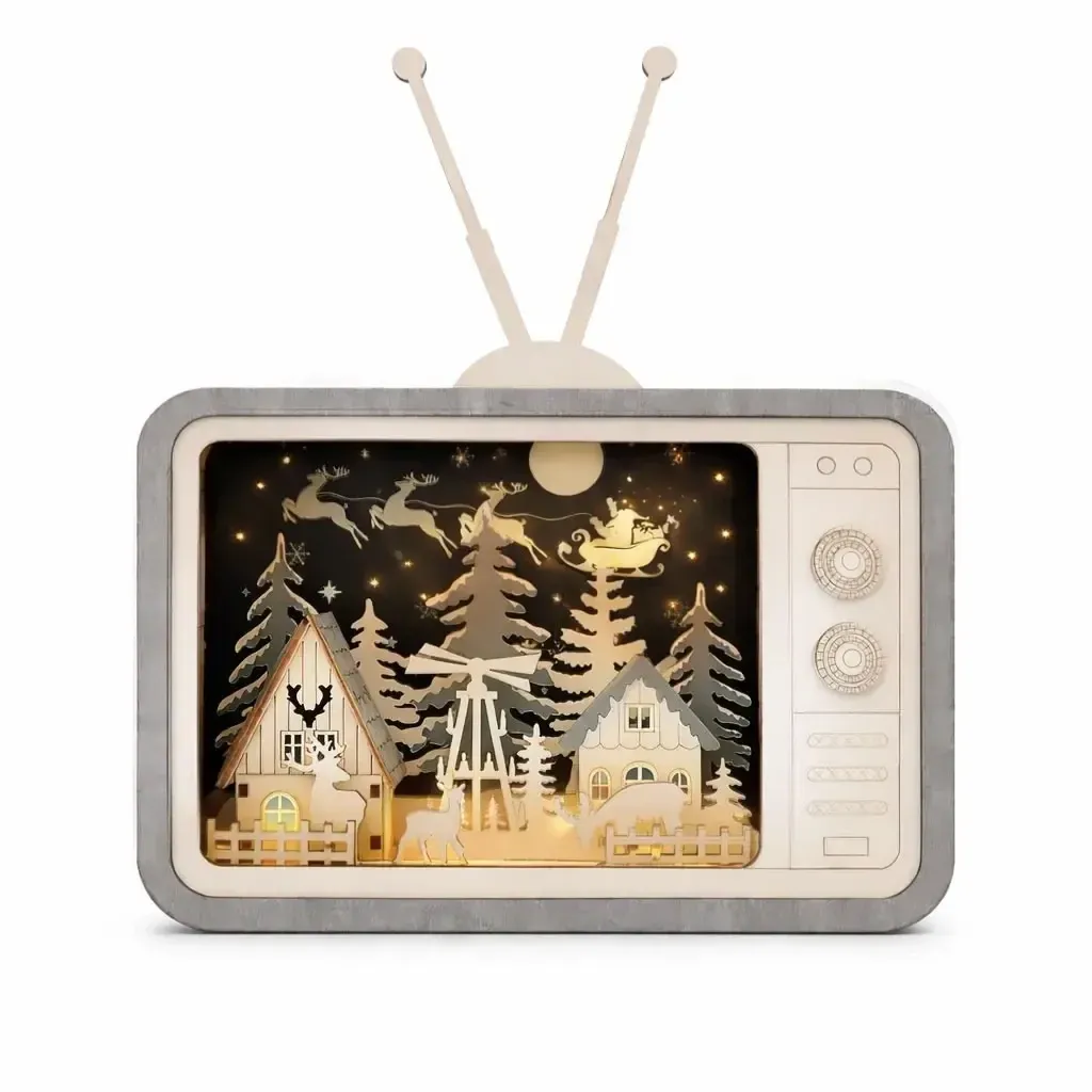 LED wooden decoration village on TV, 26 × 33,5 × 8 cm, warm white, AA
