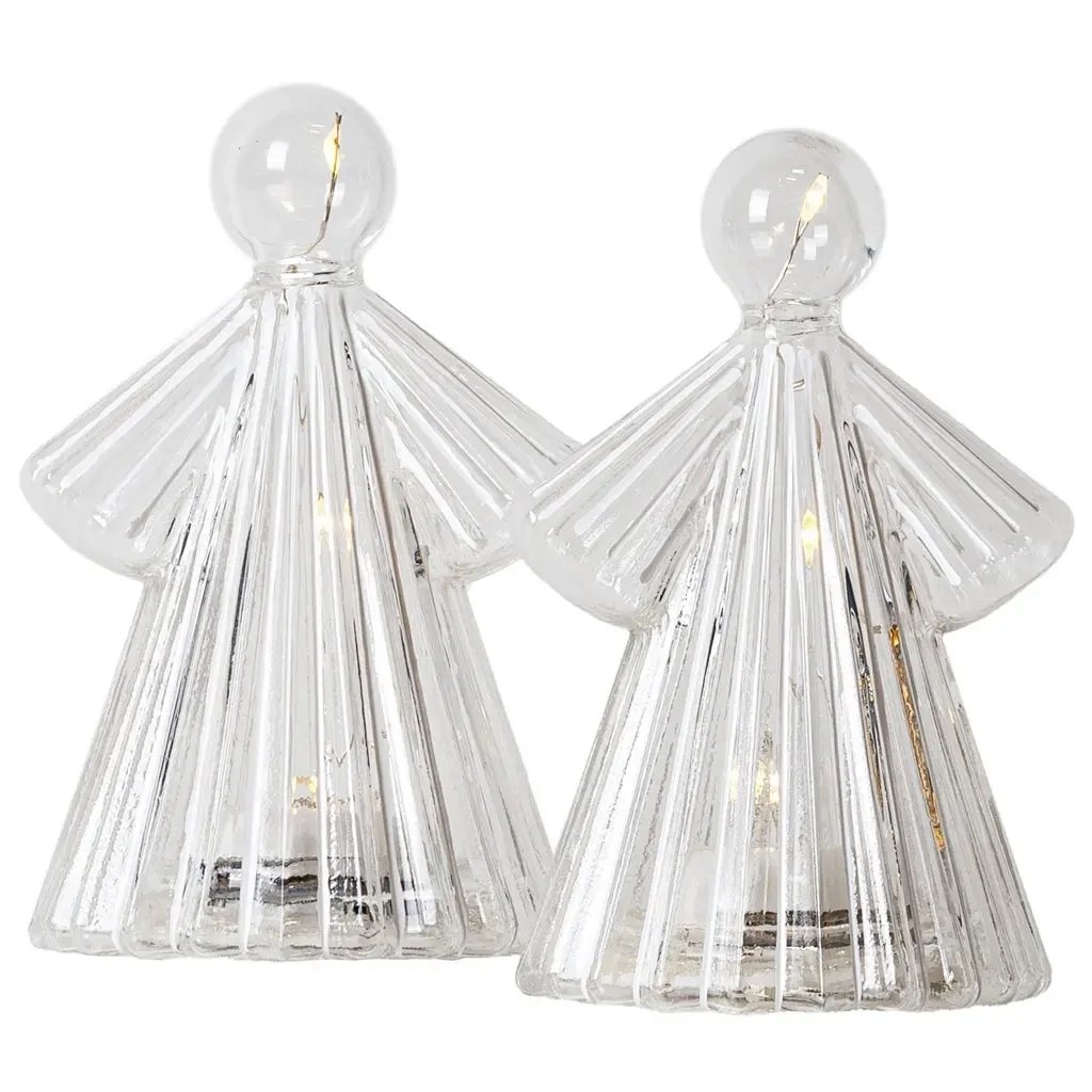 LED illuminated glass angel, clear, 10 cm, set of 2
