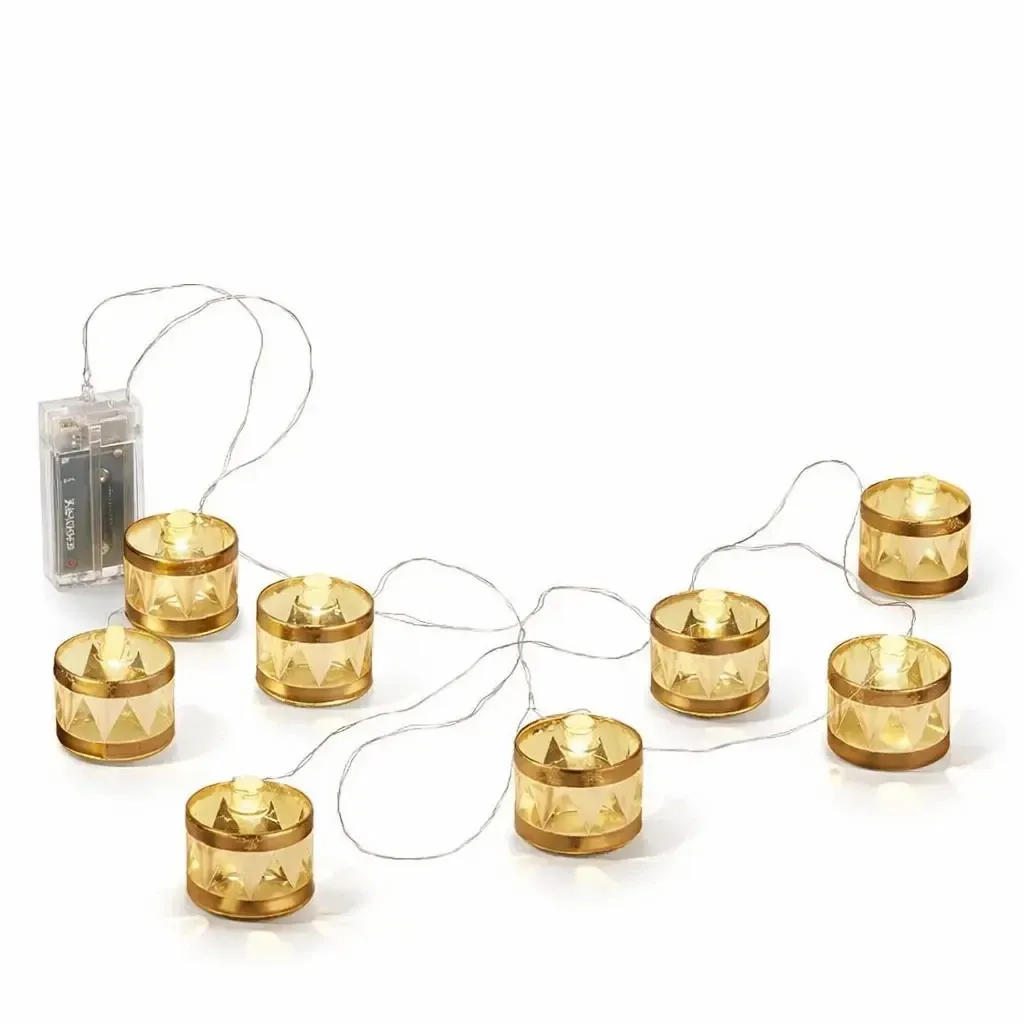 LED decorative flashlight light chain golden drums length 150 cm, 8 diodes, interior, 2× AA