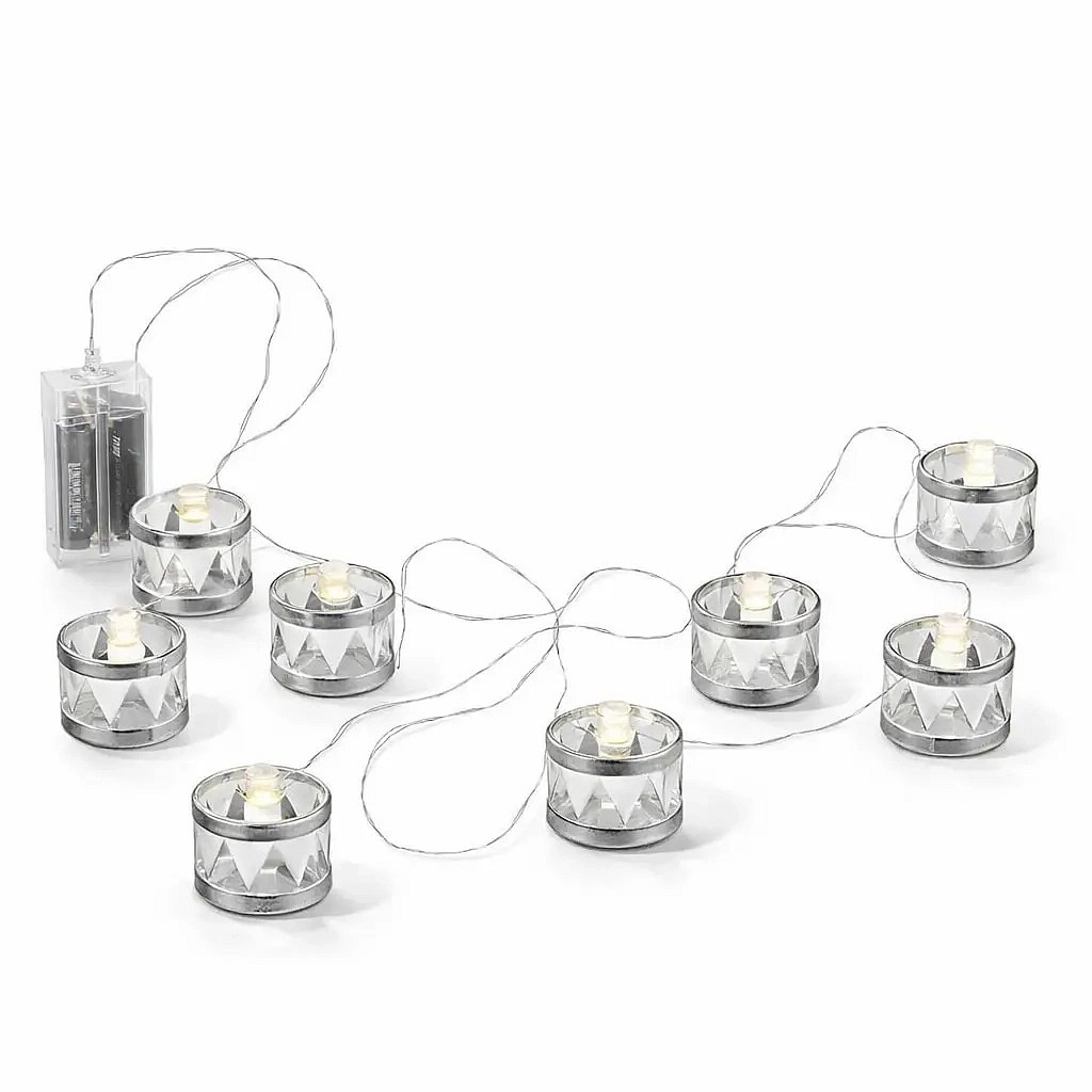 LED decorative torch light chain 150 cm, silver drums, warm white, 8 diodes, interior, 2× AA