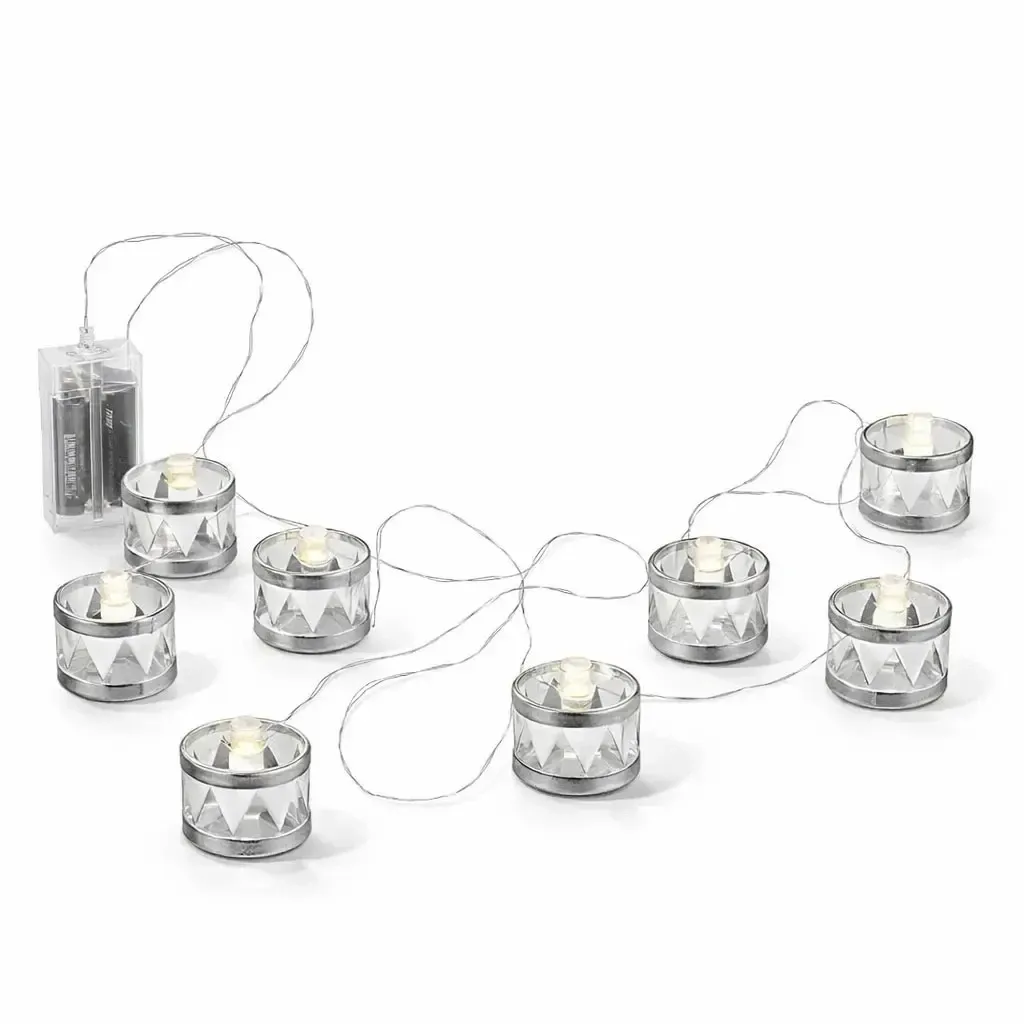 LED decorative torch light chain 150 cm, silver drums, warm white, 8 diodes, interior, 2× AA