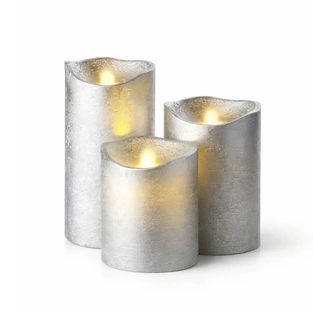_Removed: Set of battery-powered LED candles, silver, Ø 7.5 × 10/12.5/15 cm, with remote control, 2× AA, 3 pieces