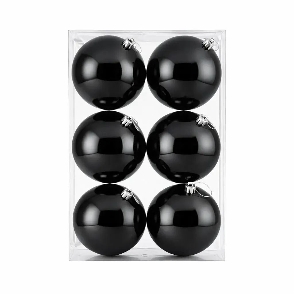 Set of Christmas ornaments black glossy 10 cm plastic ball, pack of 6