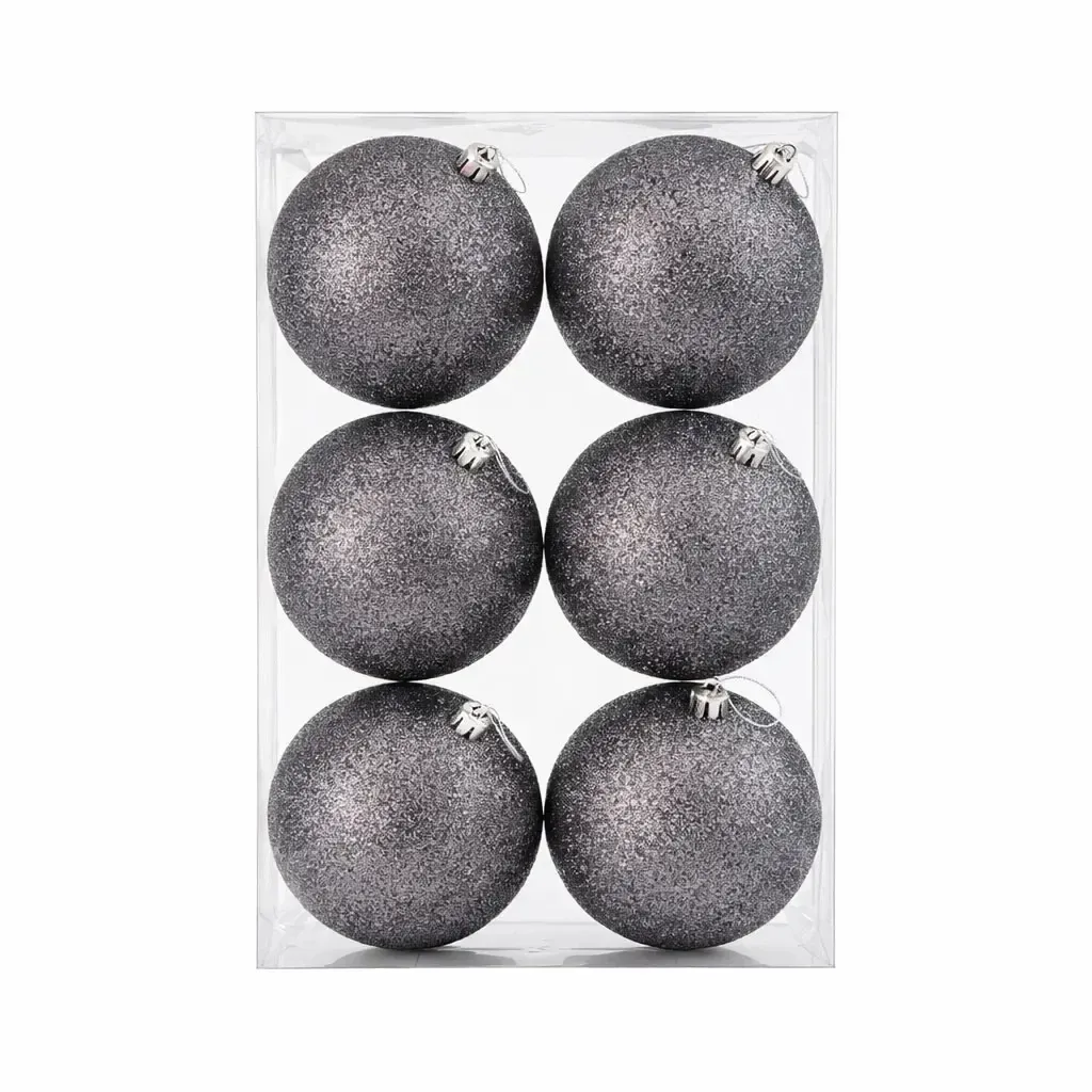 Set of Christmas ornaments grey glitter 10 cm plastic ball, pack of 6