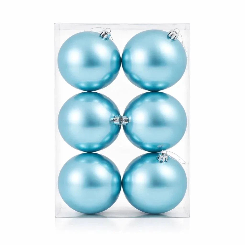 Set of Christmas decorations light blue shiny 10 cm plastic ball, pack of 6