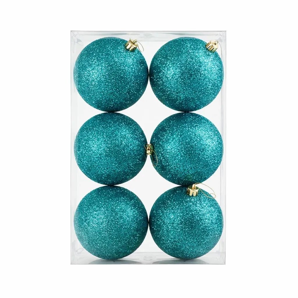Set of Christmas ornaments peacock green 10 cm plastic ball glitter, pack of 6