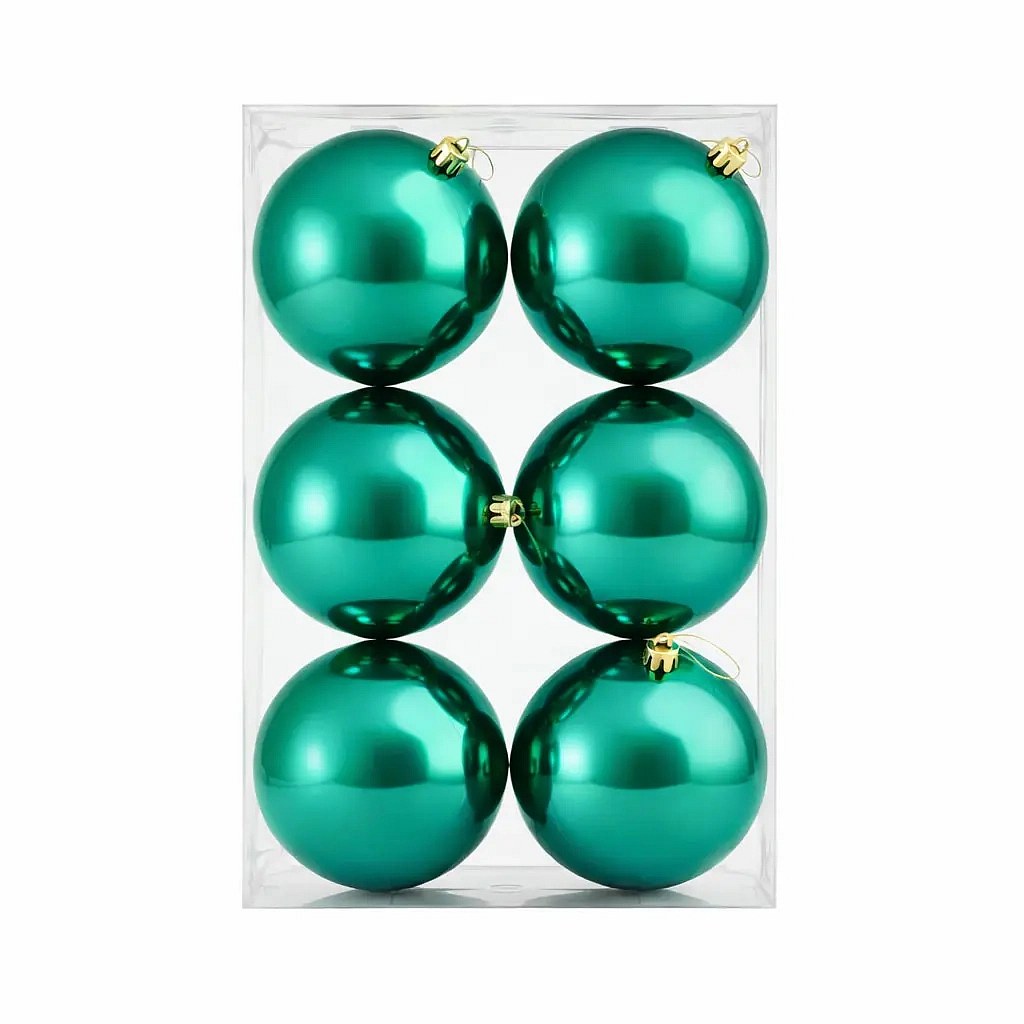 Set of Christmas ornaments peacock green 10 cm shiny plastic balls, pack of 6