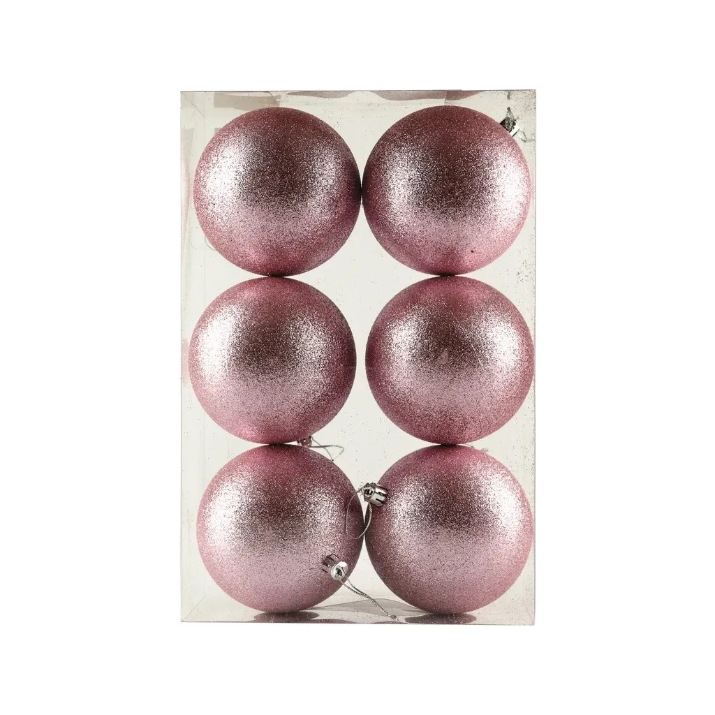Set of Christmas decorations pink 10 cm, glitter soft pink, plastic, pack of 6
