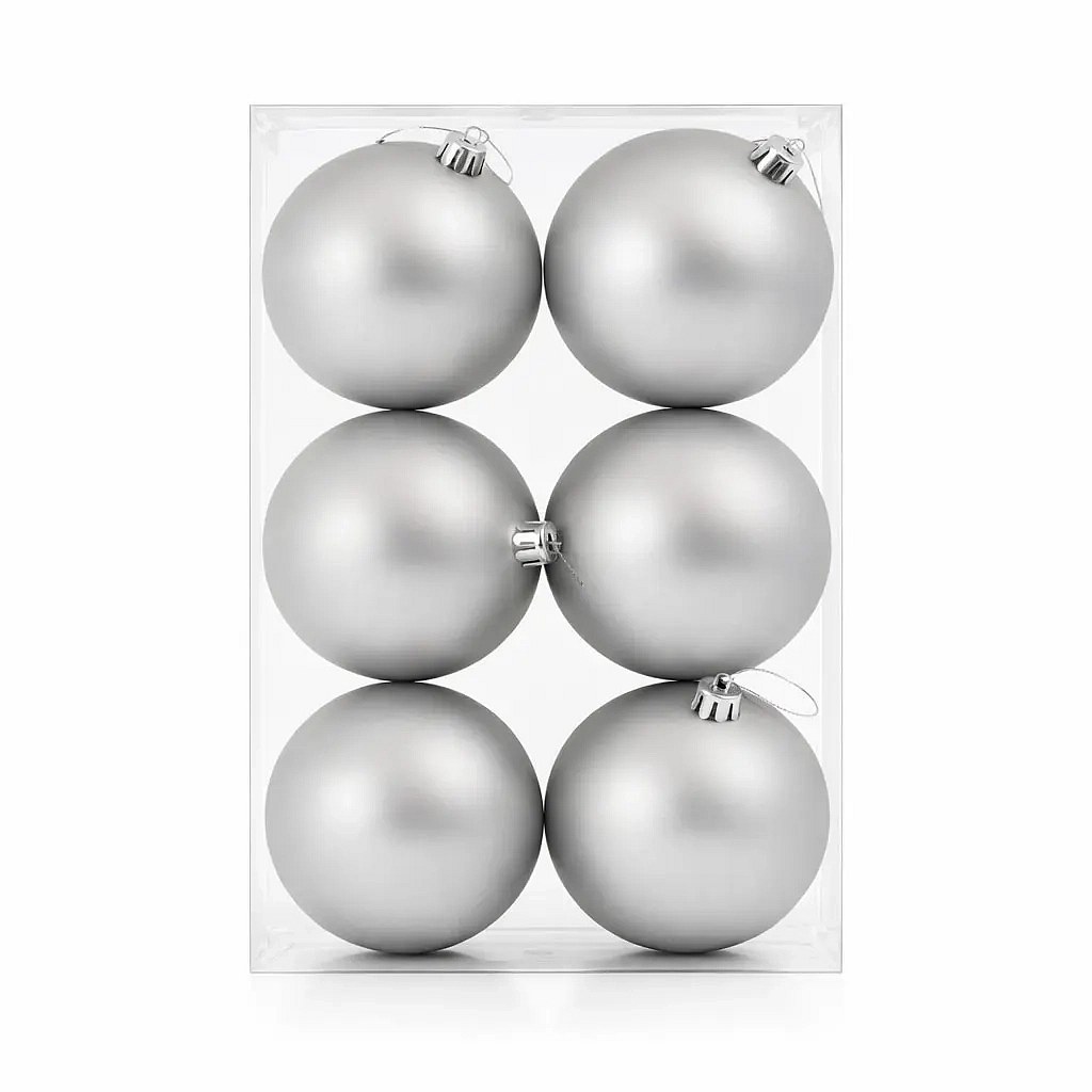 Set of Christmas ornaments silver matt 10 cm plastic ball, pack 6 pcs