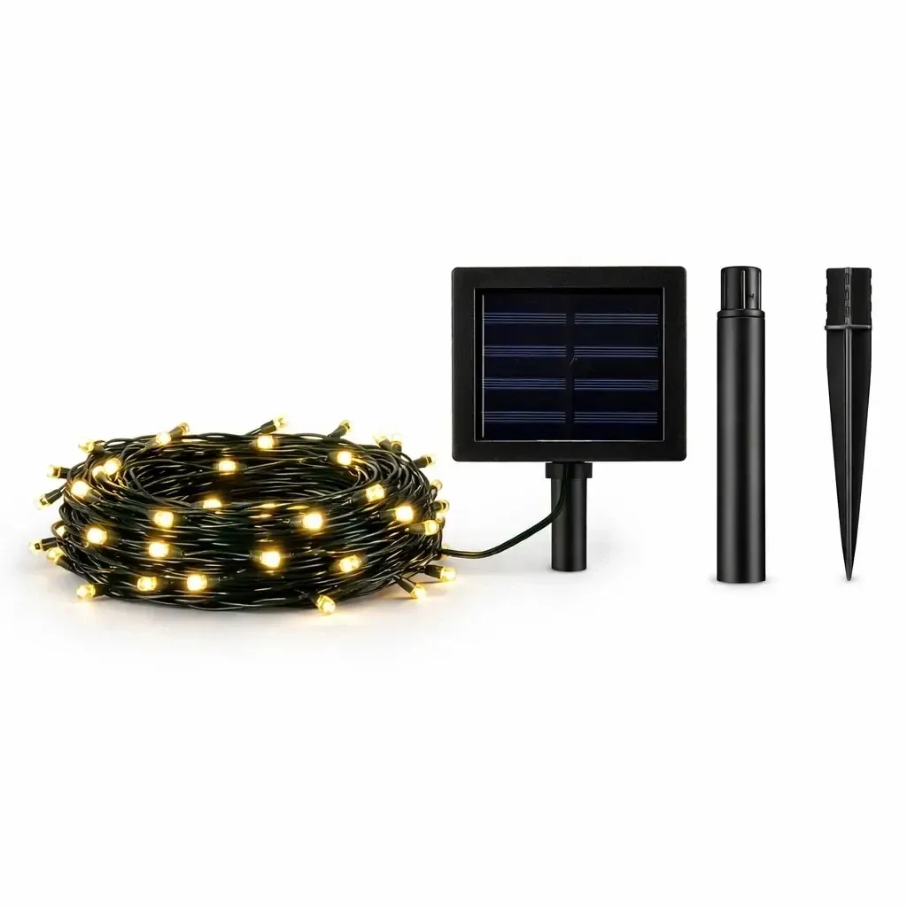 Outdoor LED Solar Garden Lights, 10 m, Warm White, 100 LEDs, Black Cable, IP44, Solar Panel
