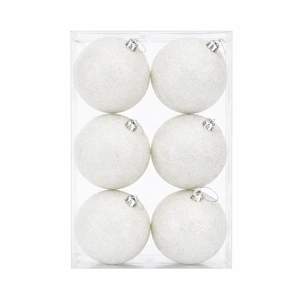 Set of white glitter Christmas ornaments 10 cm plastic ball, pack of 6