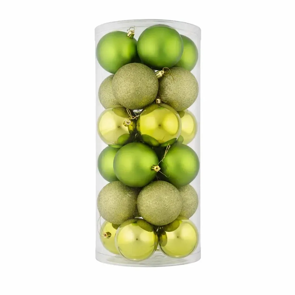 Set of Christmas ornaments apple green 8 cm flask, 8× matt, 8× glitter, 8× shiny, pack of 24