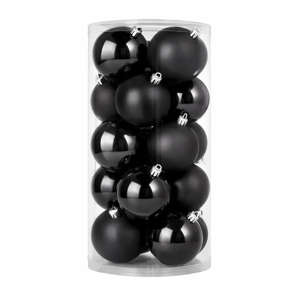 Set of Christmas decorations black 8 cm plastic balls, 12× matt, 12× gloss, set of 24 banners