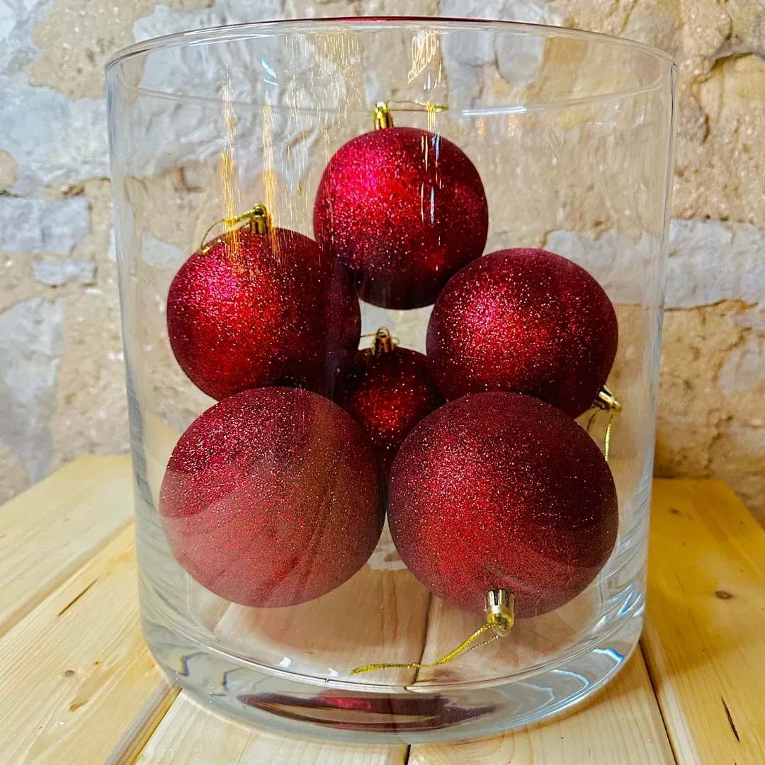 Production - Plastic balls, d. 8 cm, burgundy, 12x matt, 12x glitter