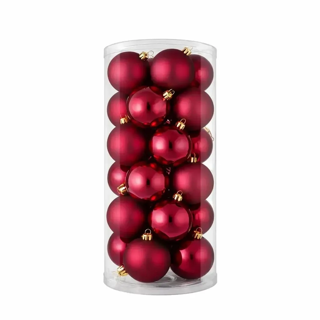 Set of Christmas decorations burgundy 8 cm plastic balls, 12× matt, 12× gloss, set of 24 banners