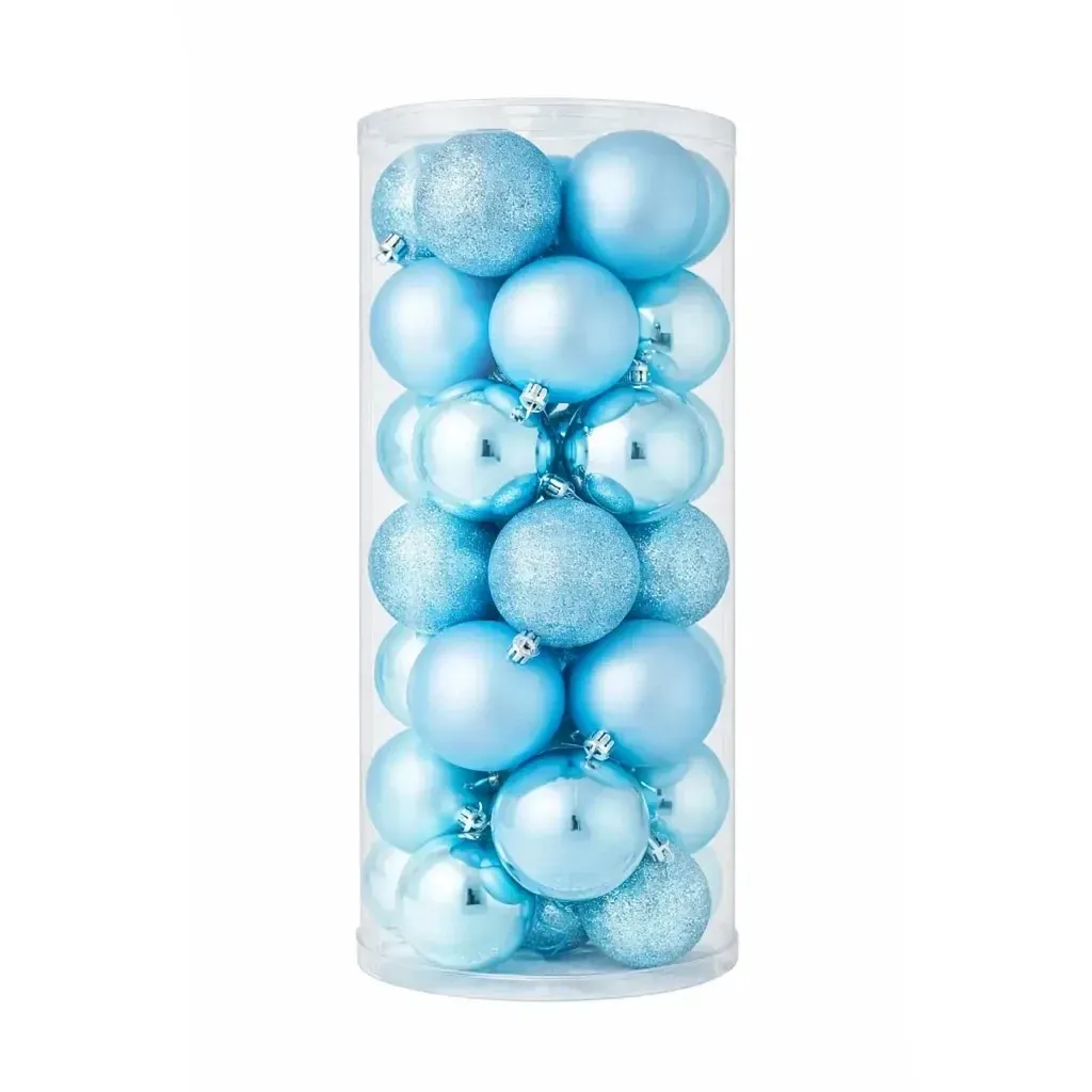 Set of Christmas decorations light blue 8 cm plastic balls, 8× matt, 8× glitter, 8× gloss, pack of 24
