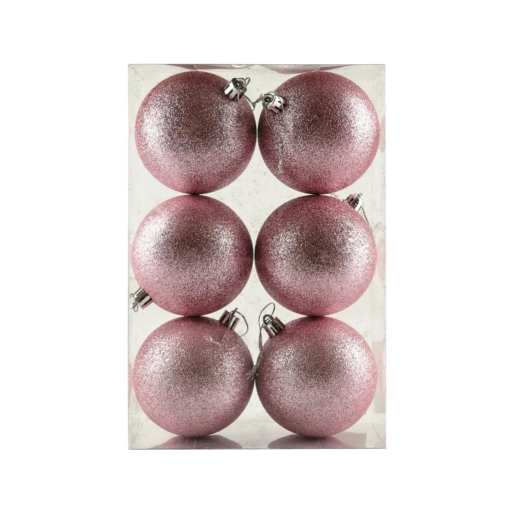 Set of Christmas decorations pink glitter 8 cm plastic balls, pack of 6