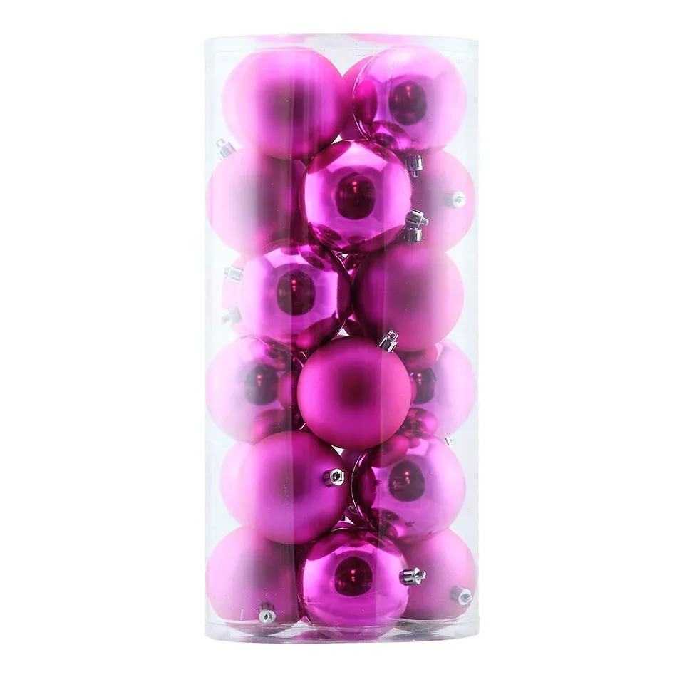 Set of Christmas decorations pink 8 cm plastic balls, 12× gloss, 12× matt, pack of 24 pcs