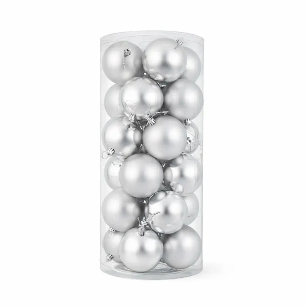 Set of Christmas ornaments silver 8 cm plastic balls, 12× gloss, 12× matt, pack of 24 pcs