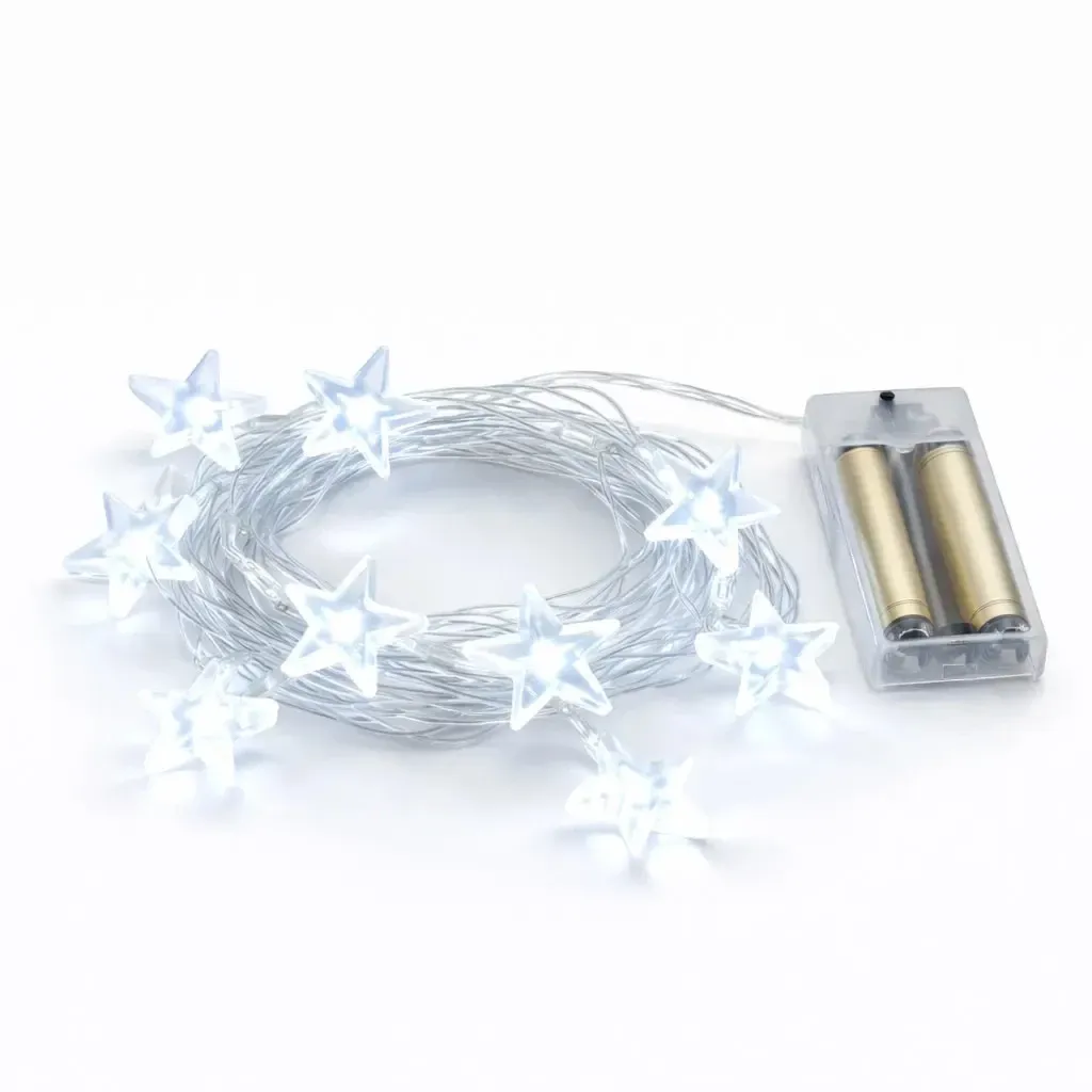 Battery-powered LED string lights, stars, 1.8 m, ice white, clear cable, IP20, 2 × AA