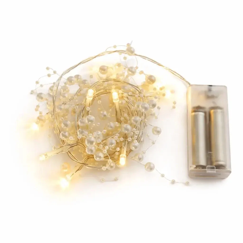 Battery-powered LED string lights, white pearls, 1.3 m, warm white, 10 LEDs, clear cable, IP20 indoor use, 2 × AA