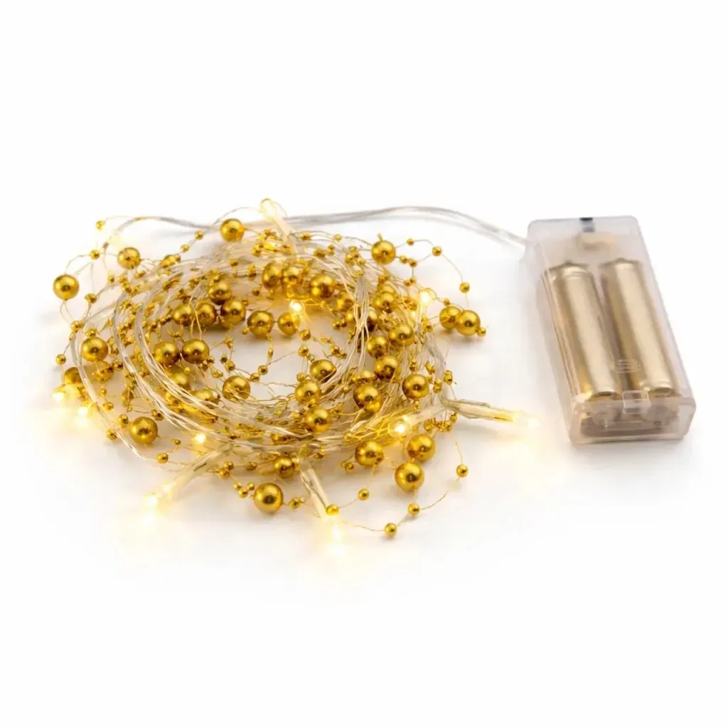 Battery-powered LED string lights, gold pearls, 1.3 m, warm white, 10 LEDs, clear cord, IP20 indoor use, 2 × AA