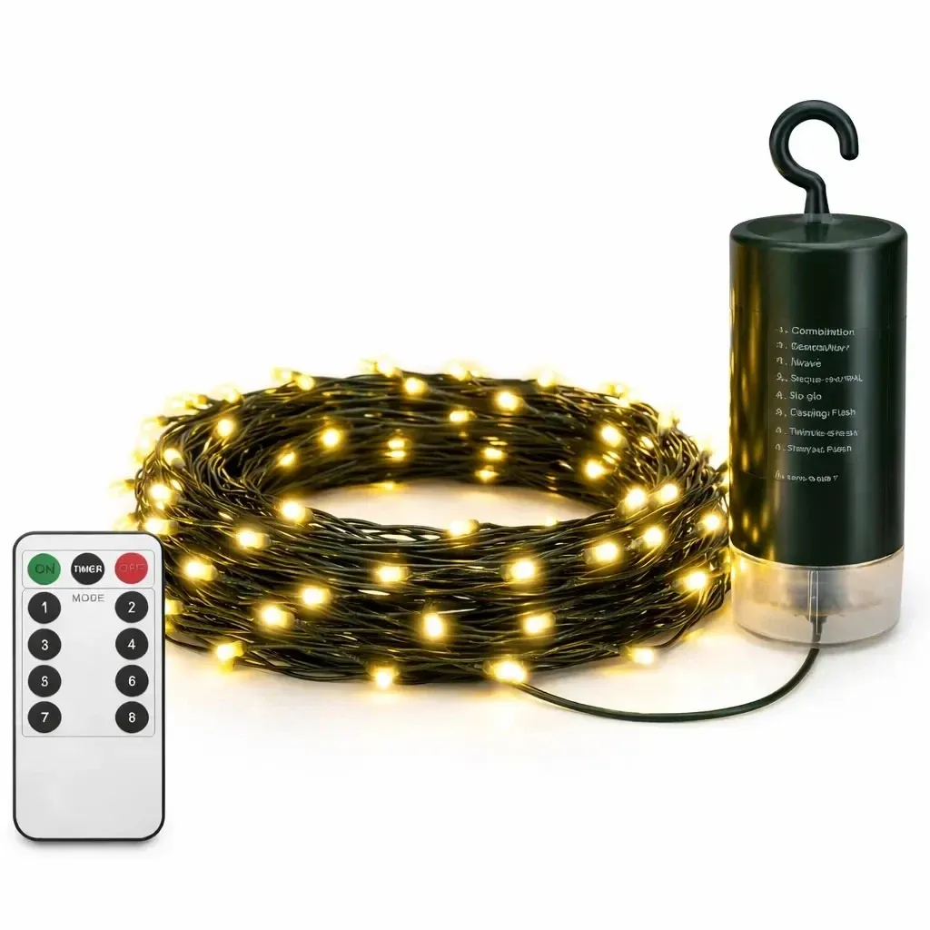 Battery-powered LED string lights, outdoor, 10.2 m, warm white, 100 LEDs, dark green cable, IP44, 4×AA