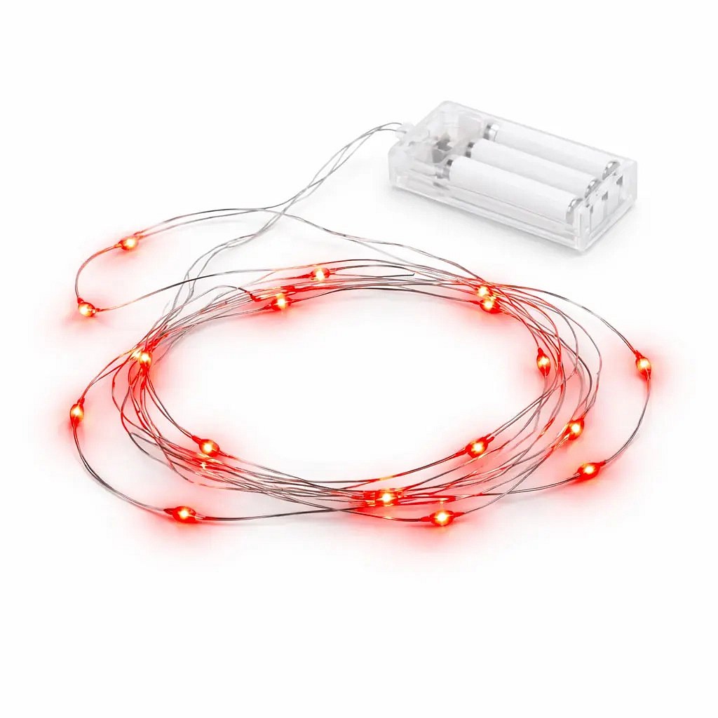 Battery-powered LED string lights, teardrop-shaped, 2.30 m, red, 20 LEDs, wire, IP20 indoor use, 3 × AA