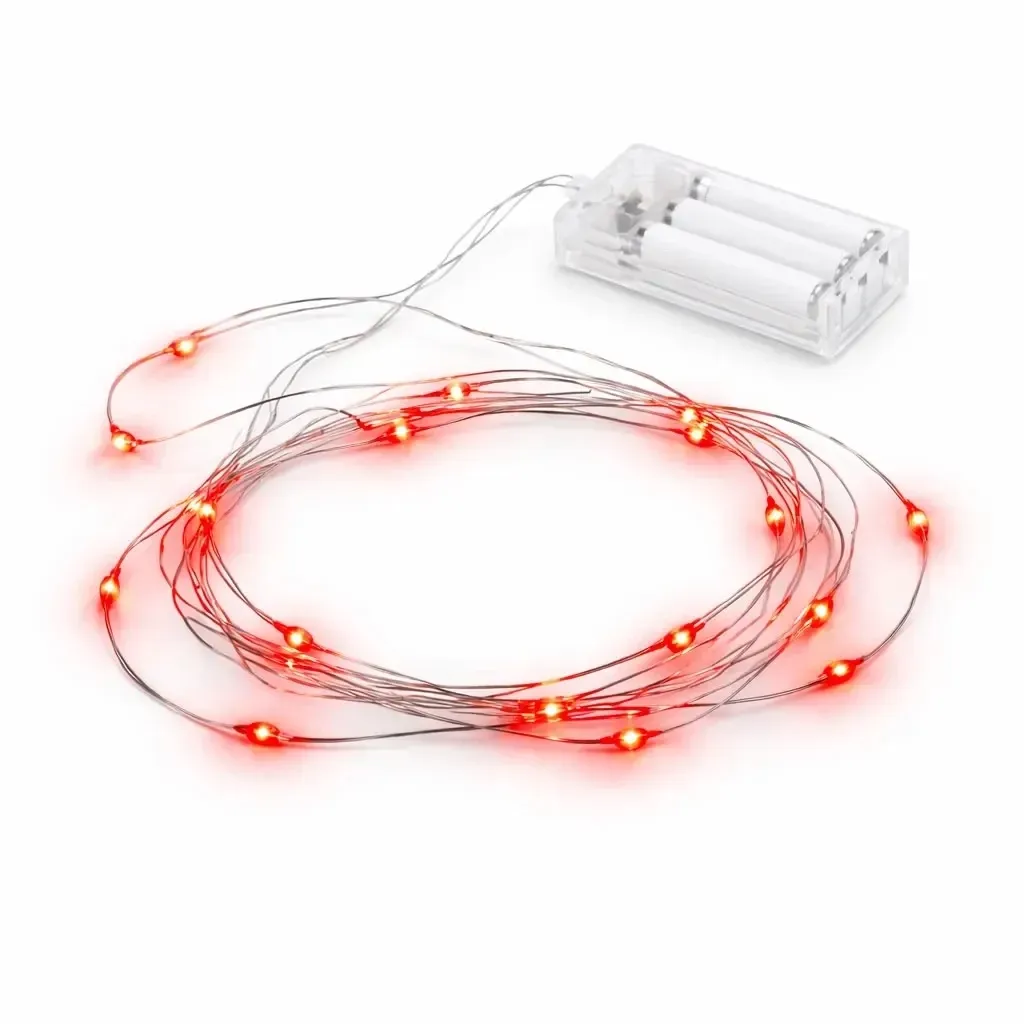 Battery-powered LED string lights, teardrop-shaped, 2.30 m, red, 20 LEDs, wire, IP20 indoor use, 3 × AA