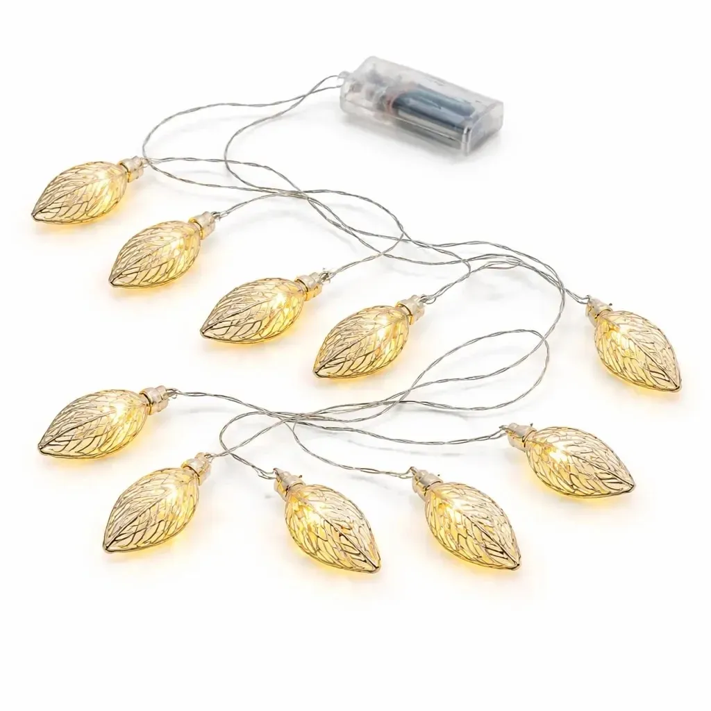 Battery-powered LED string lights, metal leaves, 1.8 m, warm white, 10 LEDs, clear cord, IP20 indoor use, 2 × AA