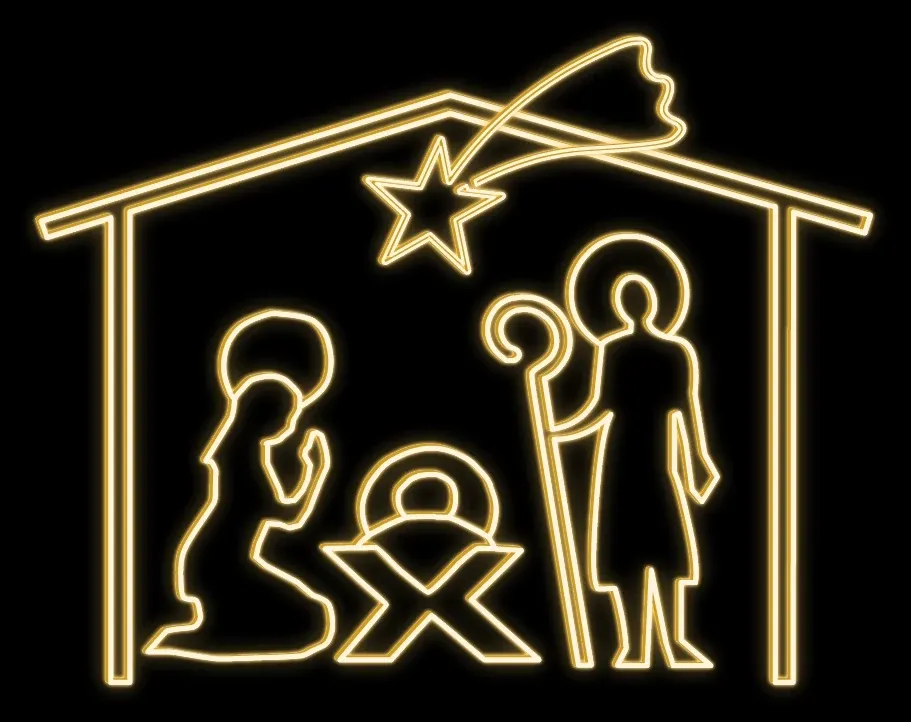 Bethlehem, Baby Jesus, Mary and Joseph in the stable, warm white, 162 x 172 x 40 cm