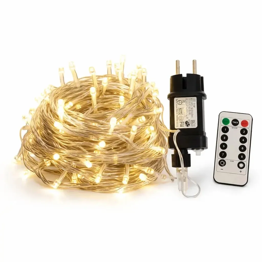 LED string lights, outdoor, 20 m, warm white, 100 LEDs, transparent, IP20, includes power supply and remote control