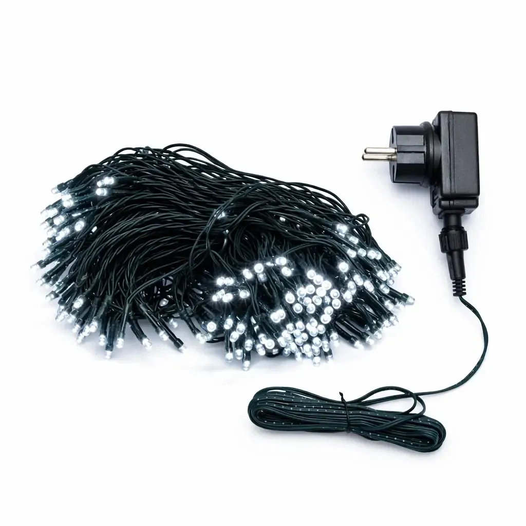 LED string lights, outdoor, 20 m, ice white, 100 LEDs, black cable, IP44, incl. power supply