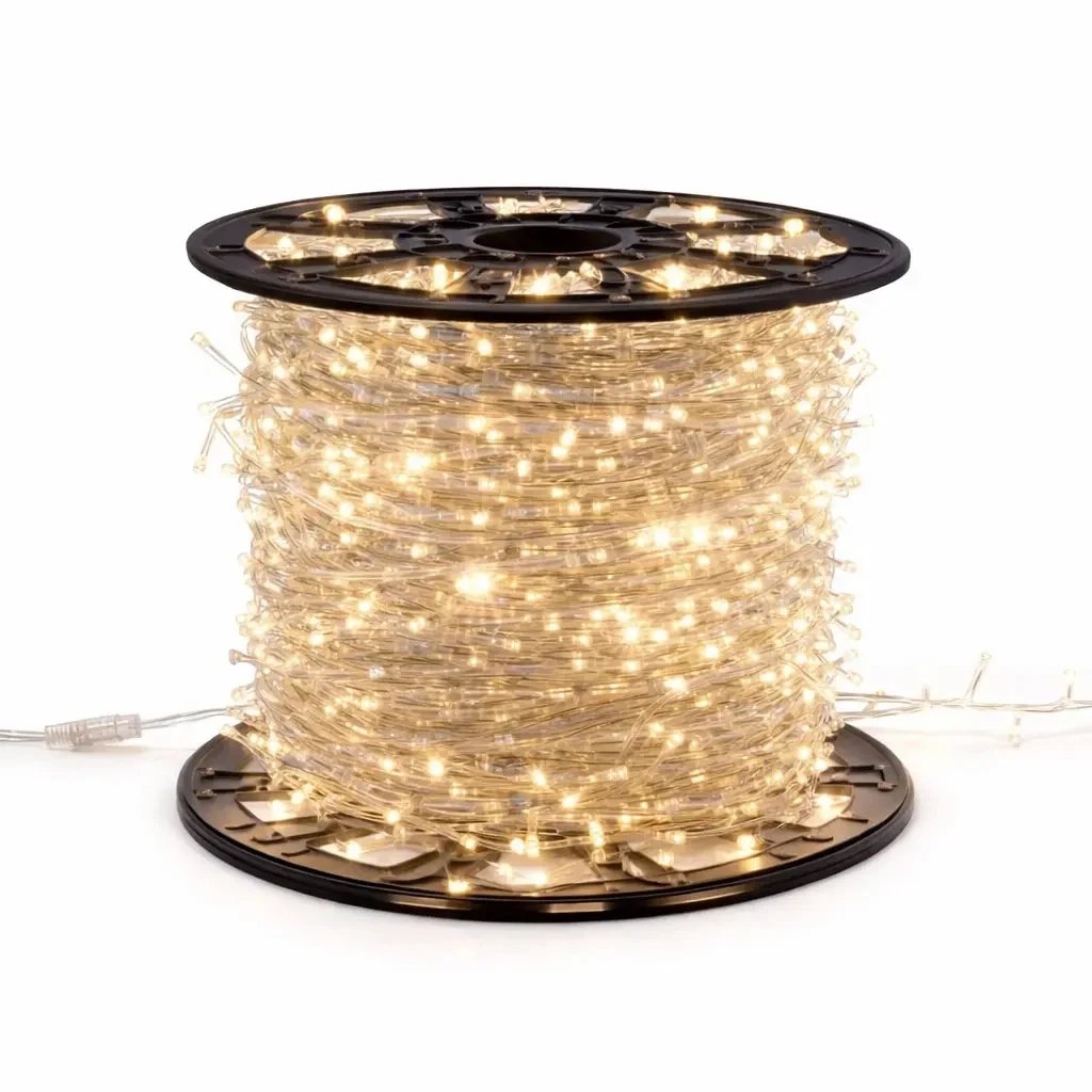 Easy Fix LED String Lights, 100 m, Warm White with Flash, 2,000 LEDs, Clear Cable, IP20, Indoor Use, Spool