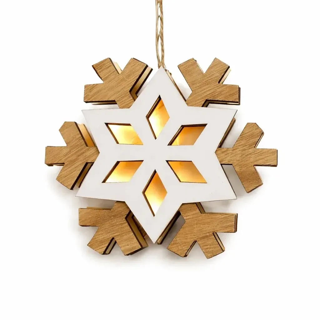 LED lighted wooden snowflake 20 cm, warm white, AAA battery, indoor