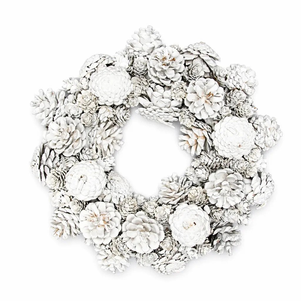 Christmas door wreath made of pine cones 30 cm, white, natural