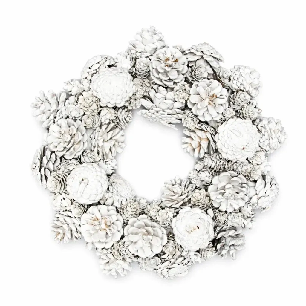 Christmas door wreath made of pine cones 30 cm, white, natural