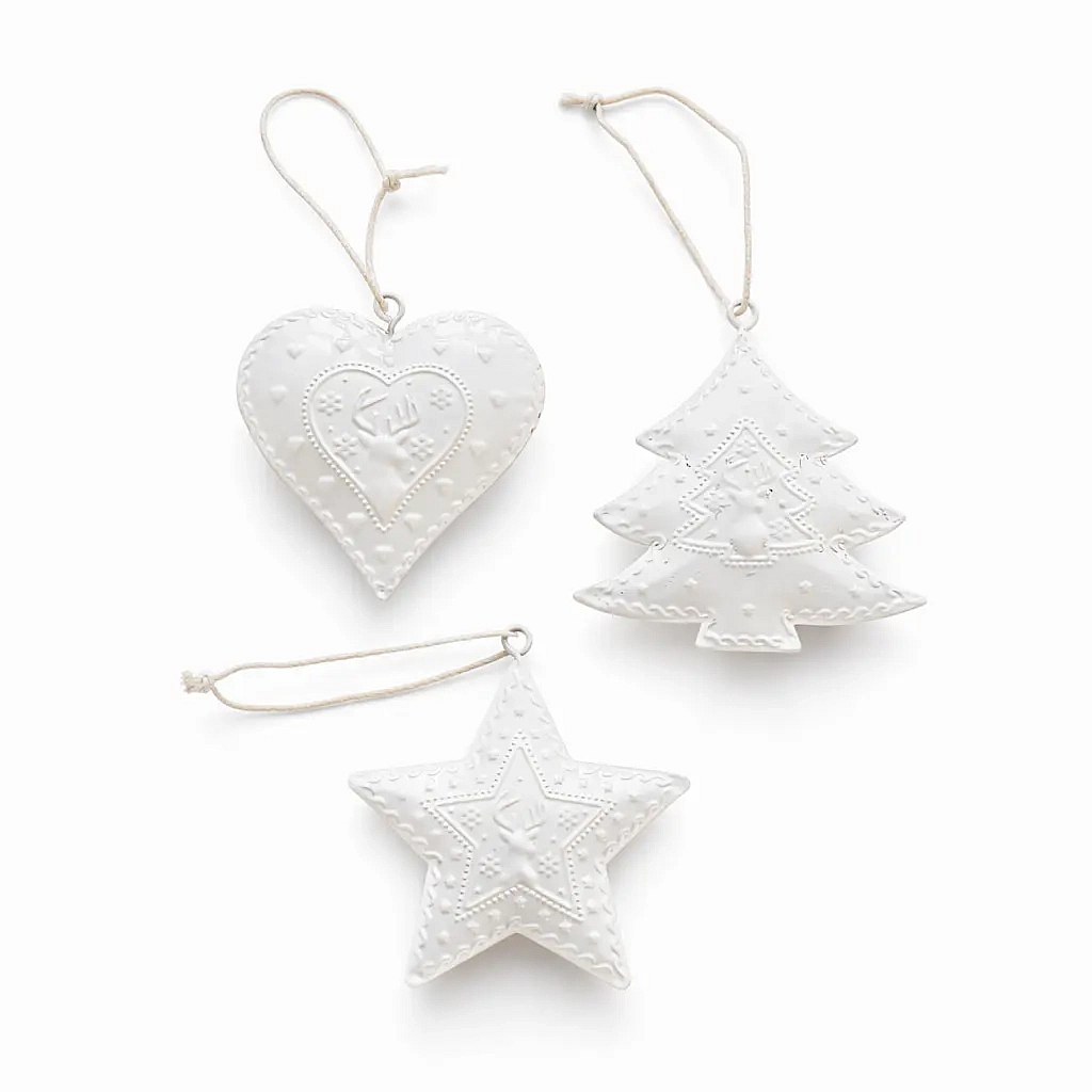 Christmas tree ornaments metal 7 cm, star, tree, heart, white, pack of 3